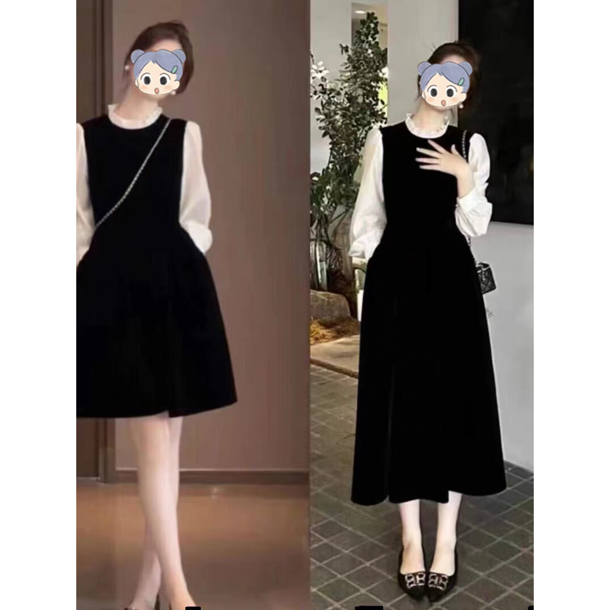 法式高级感假两件黑色连衣裙子春秋装2025新款大码茶系搭配一整套