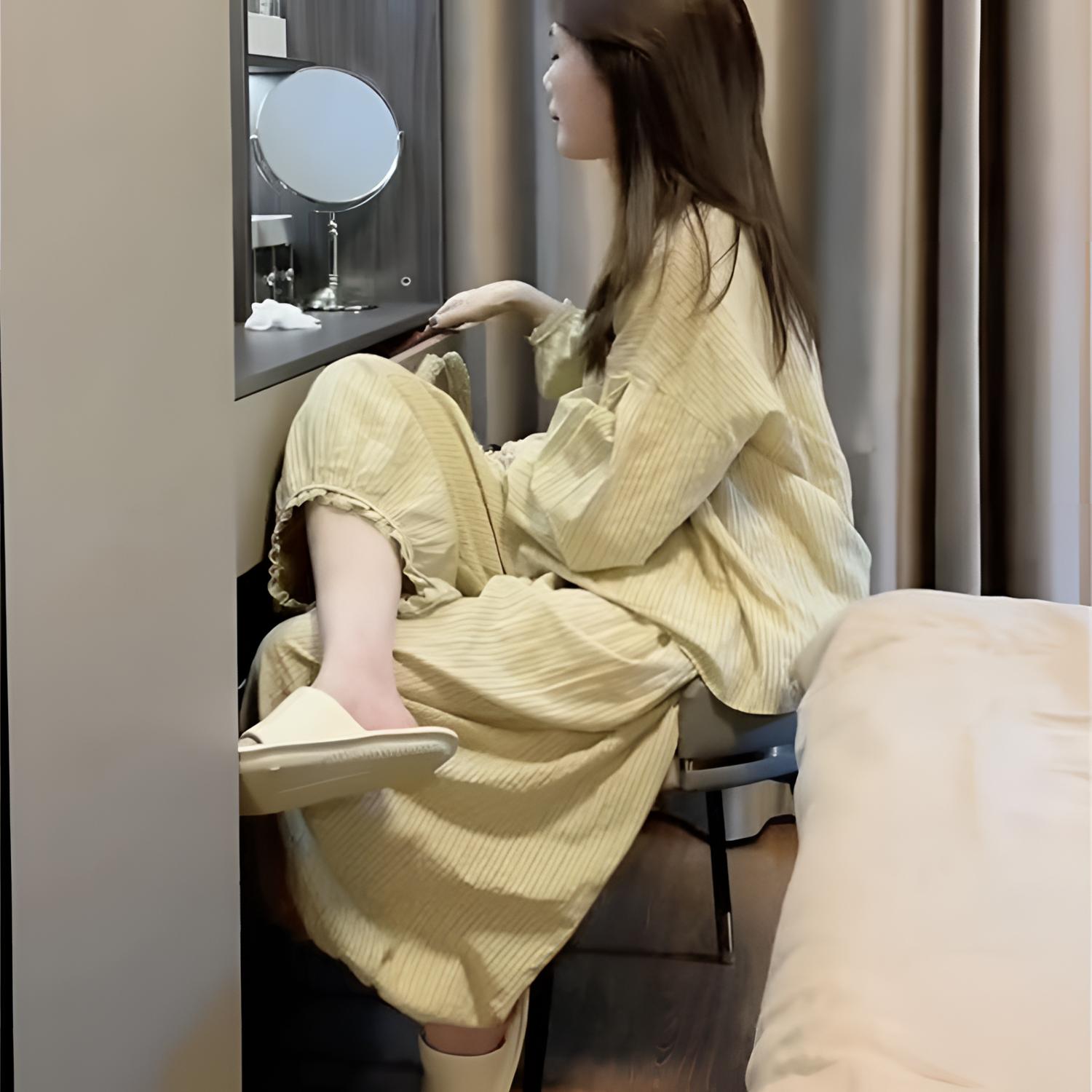 【双层棉纱】韩版长袖睡衣女款春秋季宽松舒适大码家居服套装早秋