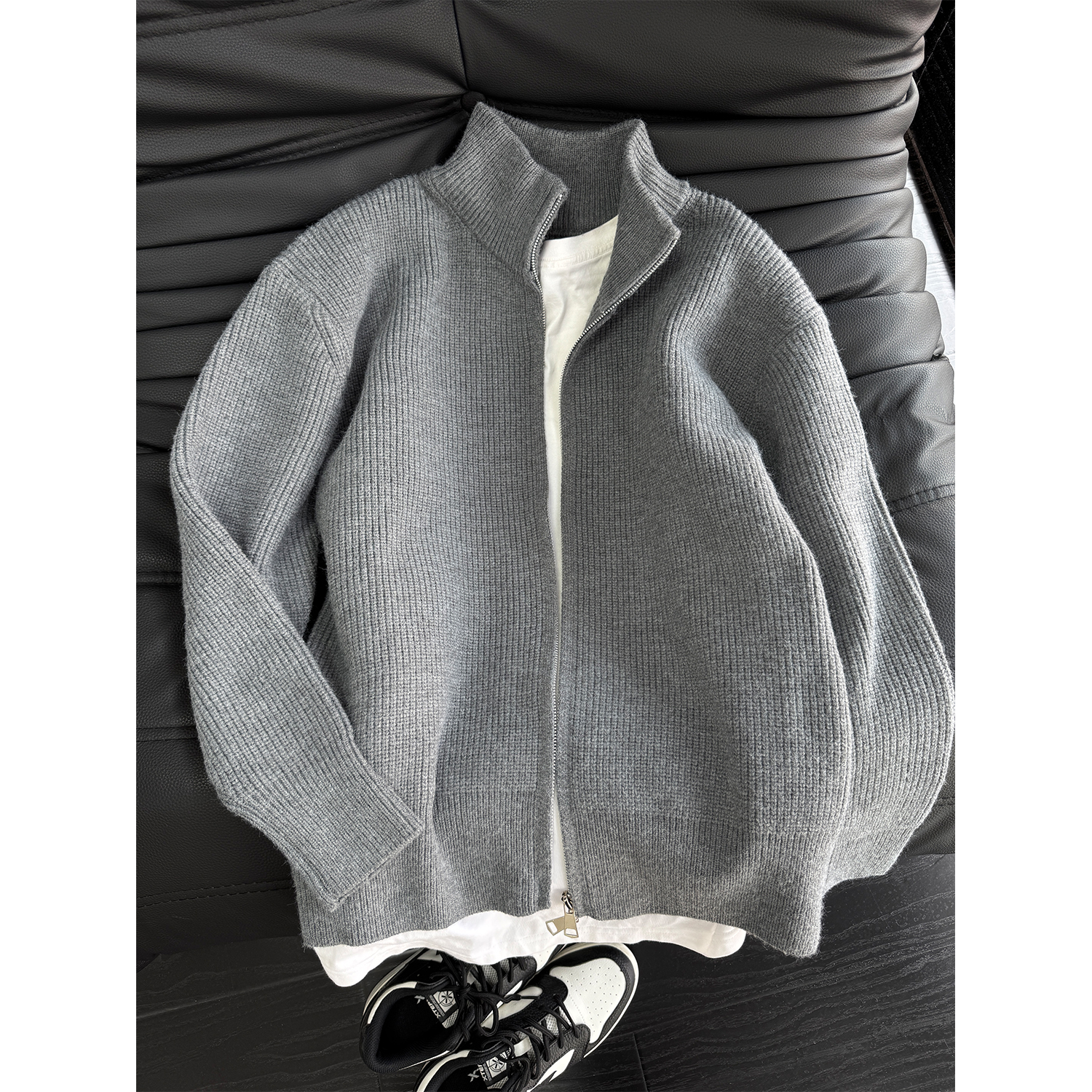 深灰色半高领开衫毛衣男款春秋叠穿内搭打底衫外套cleanfit针织衫