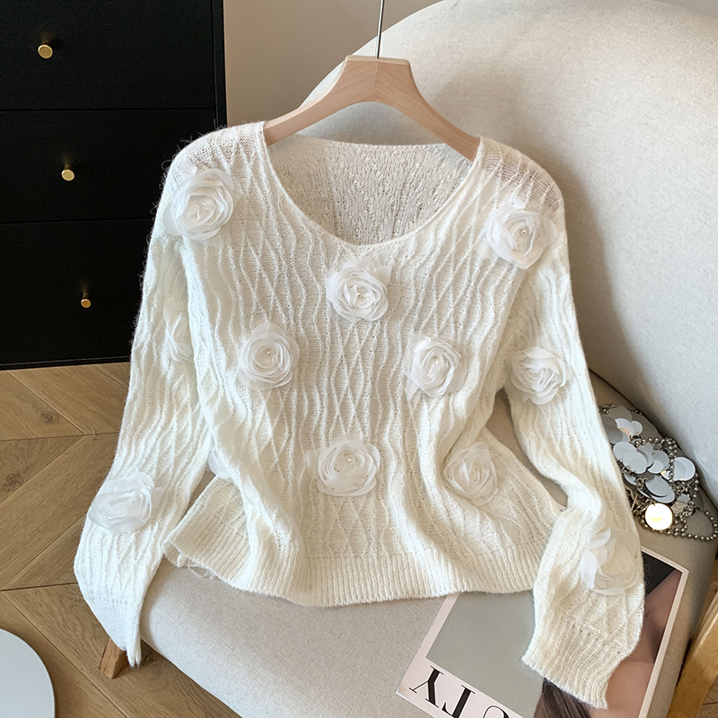 早秋新款甜美气质优雅花朵针织毛衣设计感宽松减龄设计感显瘦上衣