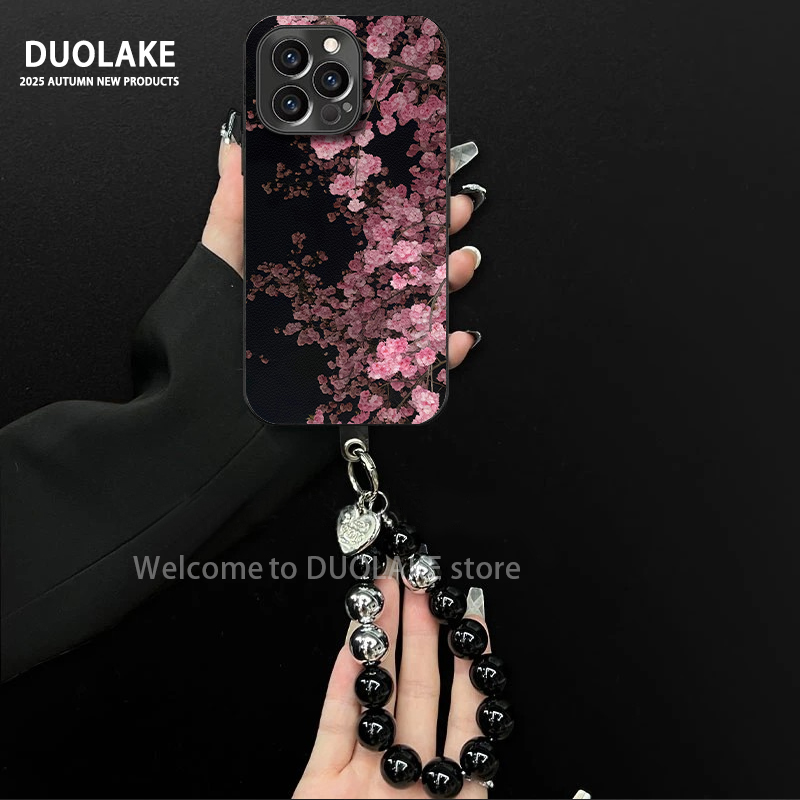 粉色花朵适用苹果vivo华为oppo小米iPhone17电镀羊皮防摔手机壳潮