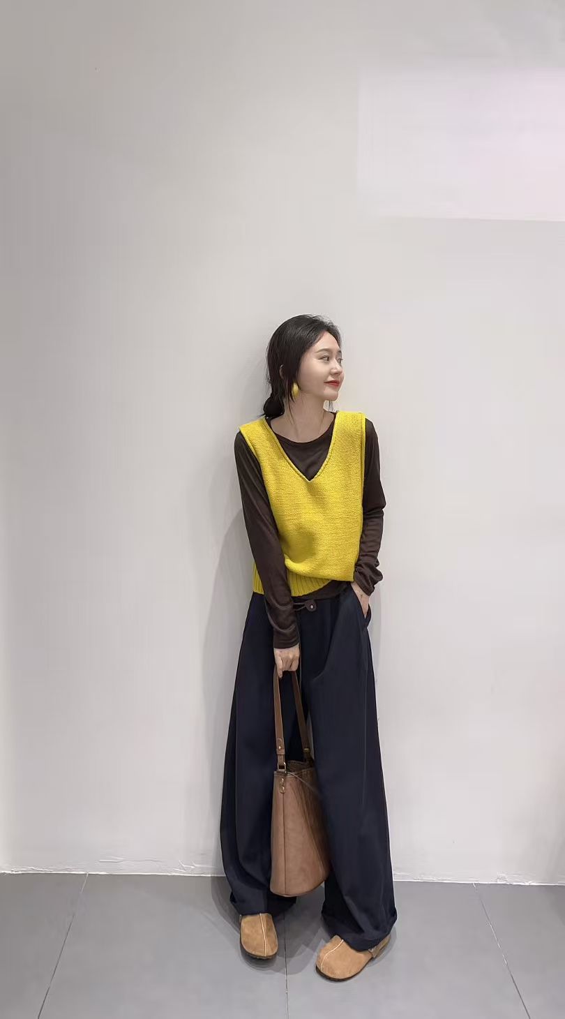 2025早秋新款韩系巨好看高级感黄色针织背心长袖上衣阔腿裤套装女