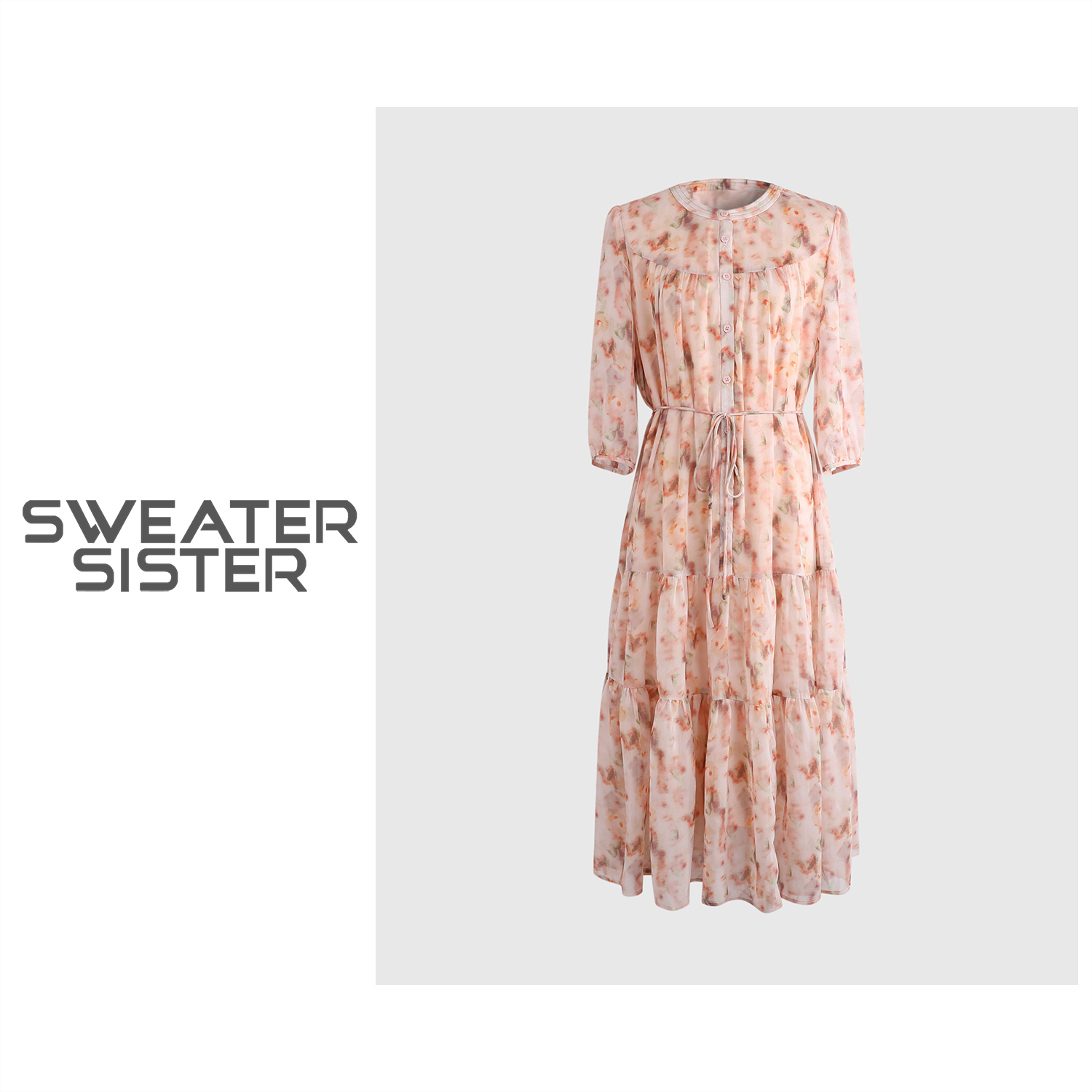 泡泡袖碎花连衣裙韩版收腰显瘦系带连衣裙女513-05050