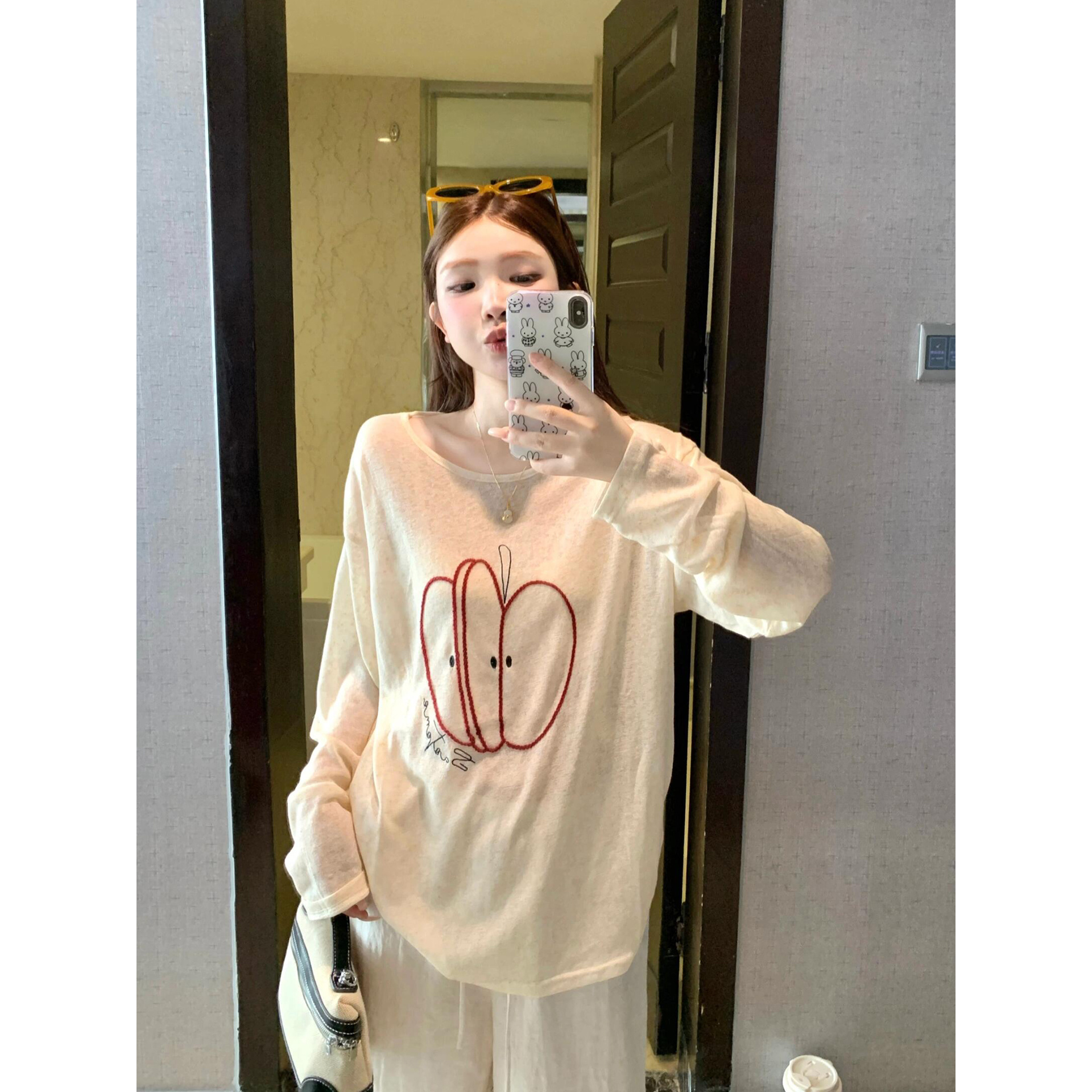 慵懒风长袖女夏季防晒罩衫苹果印花圆领宽松t恤打底oversize上衣