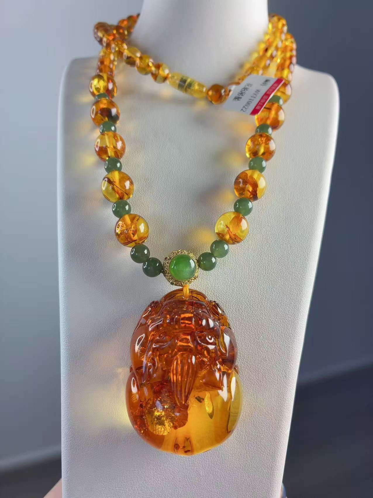 WYT10022 天然俄罗斯花珀大貔貅吊坠 长链设计奢华大气满金花收藏