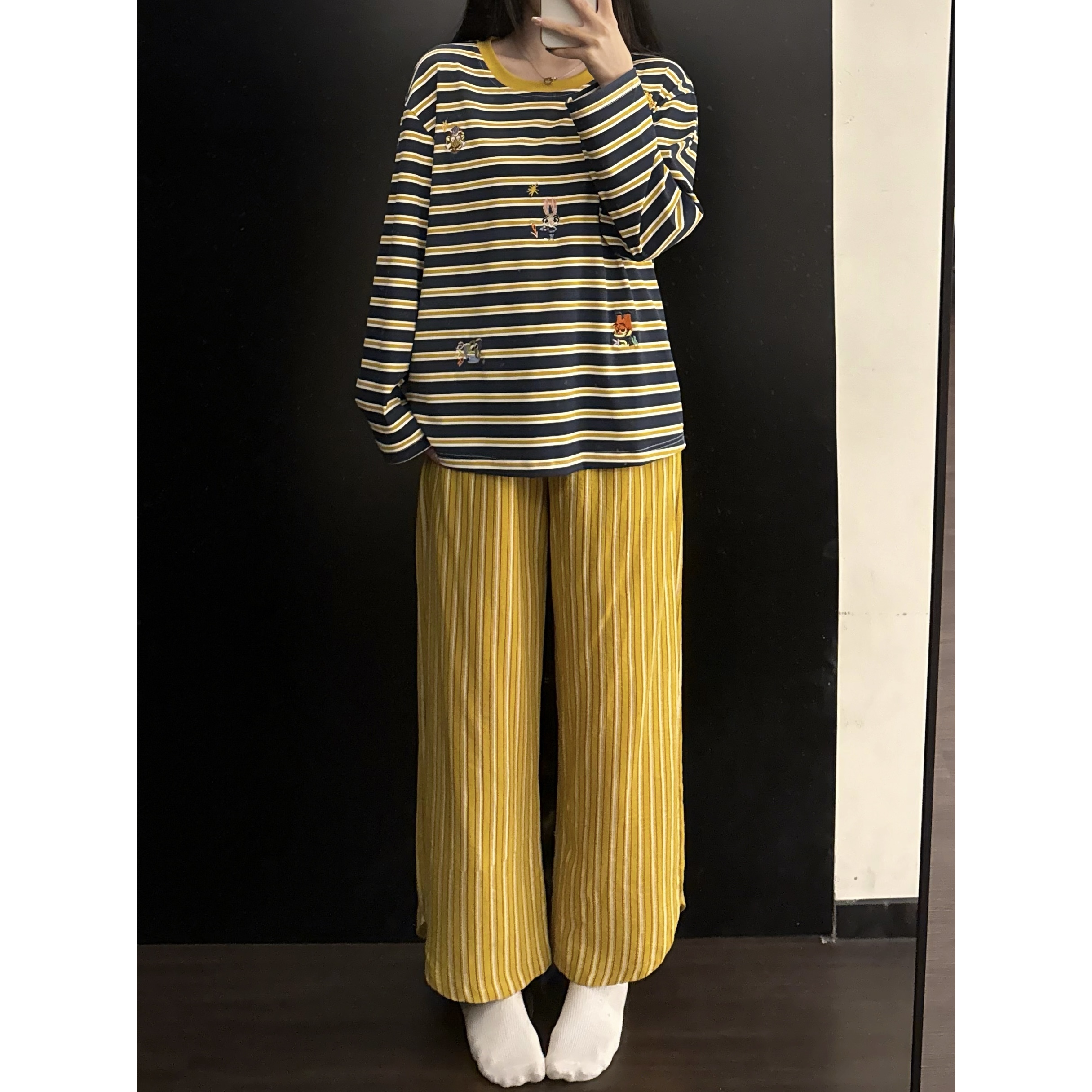 简约复古撞色条纹卡通印花睡衣女秋新款长袖长裤套装家居服可外穿