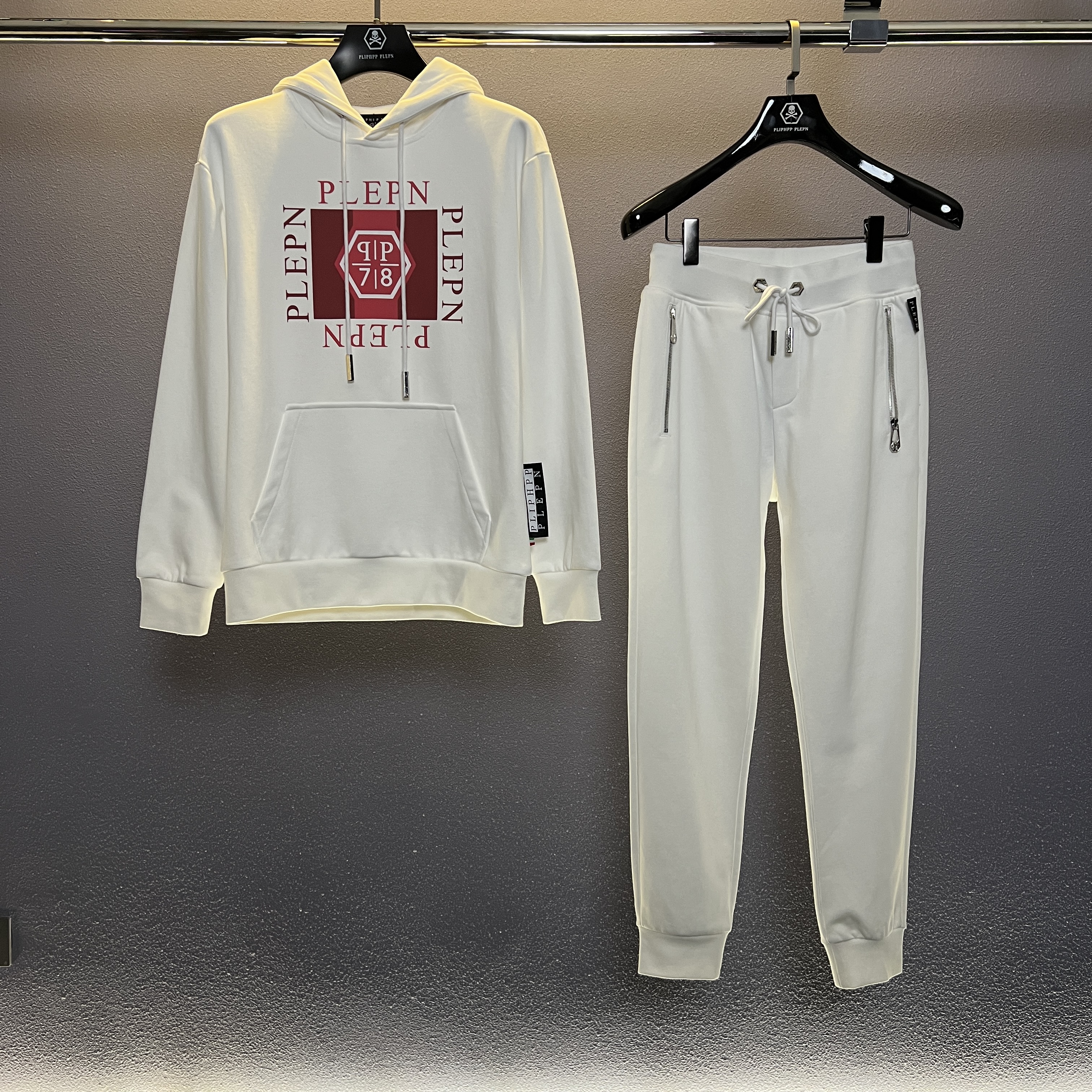 PLIPHPP PLEPN秋冬六角双P连帽拼皮印花修身男士卫衣+卫裤2件套装