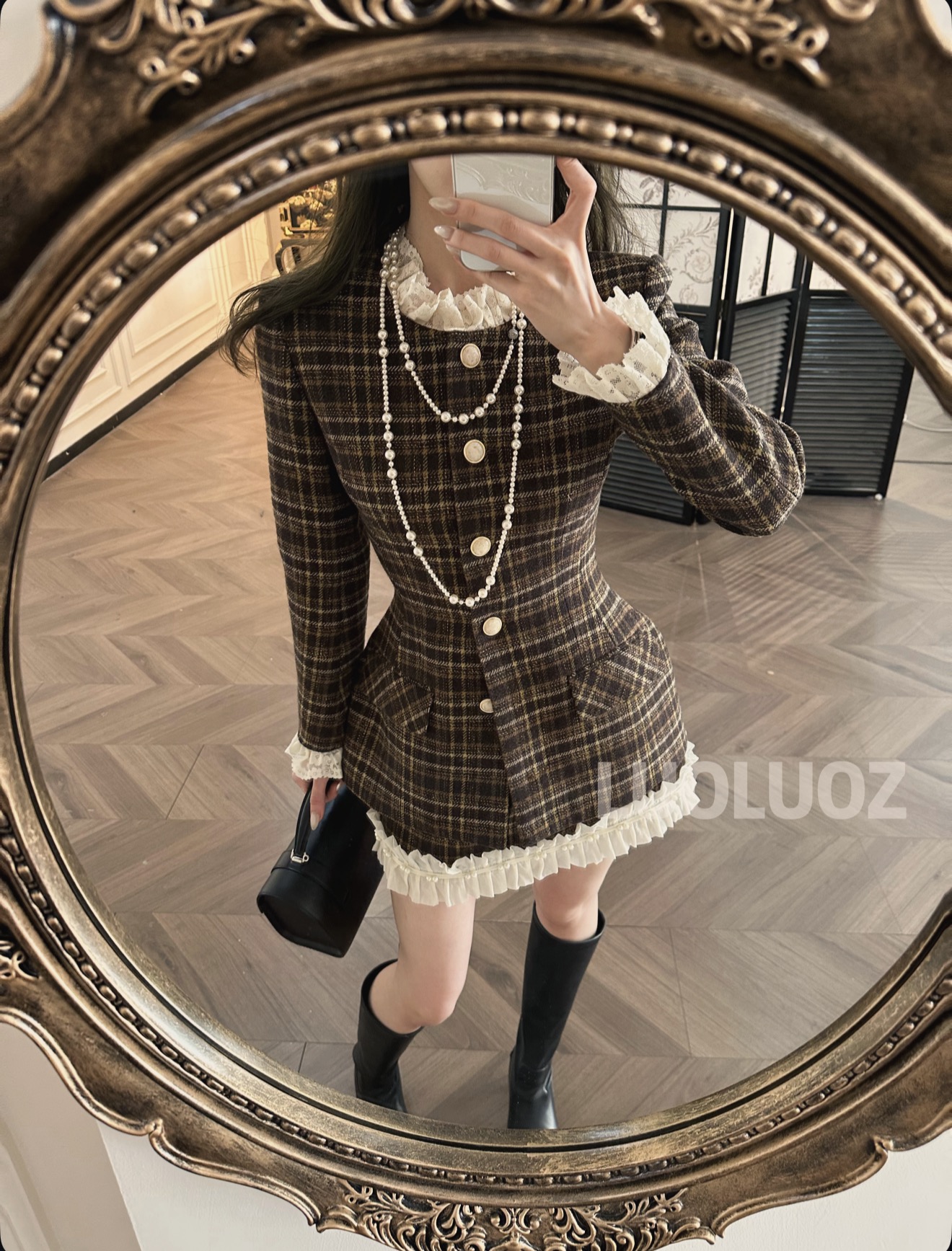 LUOLUOZ【暮光之城】绵羊毛花边收腰上衣外套＋半身裙两件套JF1136