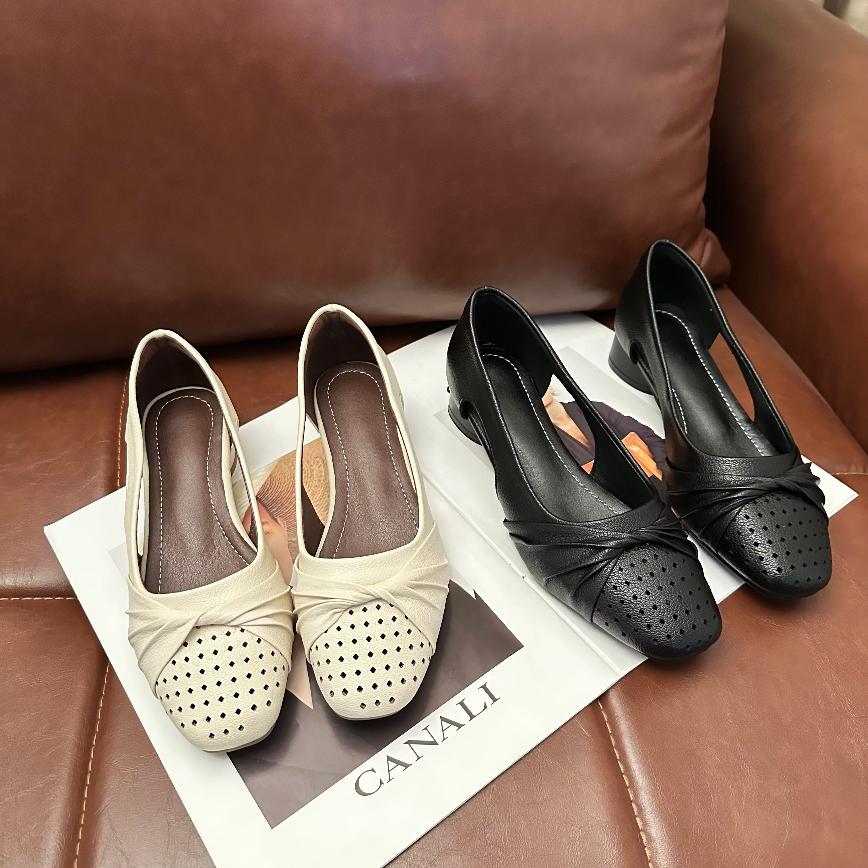 法式百搭浅口鞋方头皮鞋软底夏季单鞋镂空舒适低跟