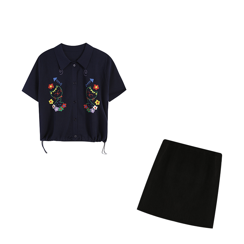 藏青色休闲短款牛仔上衣百搭衬衫宽松+ZL108871短裙套装夏季小众