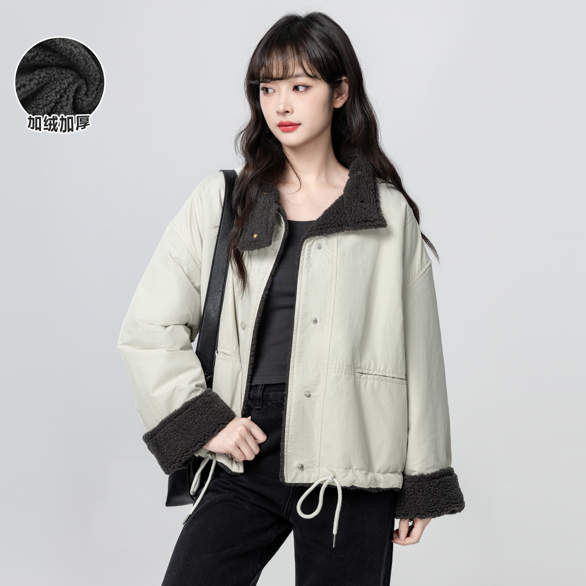 加绒加厚翻领外套女冬2025冬季新款加厚羊羔毛派克服夹克短款上衣