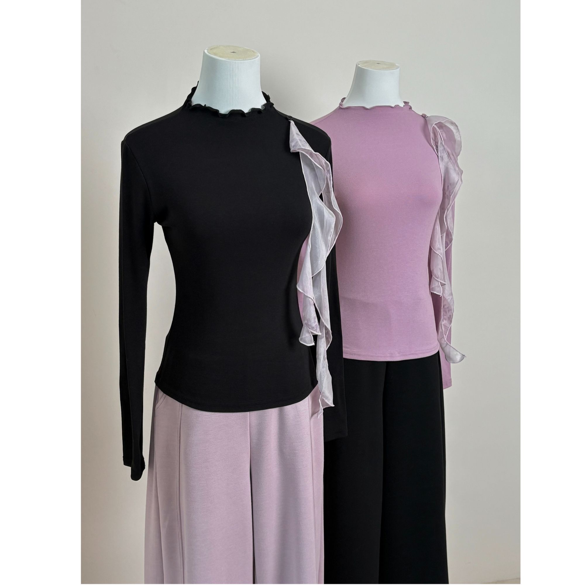 2026年小设计感高领蕾边修身显瘦长袖打底衫针织上衣