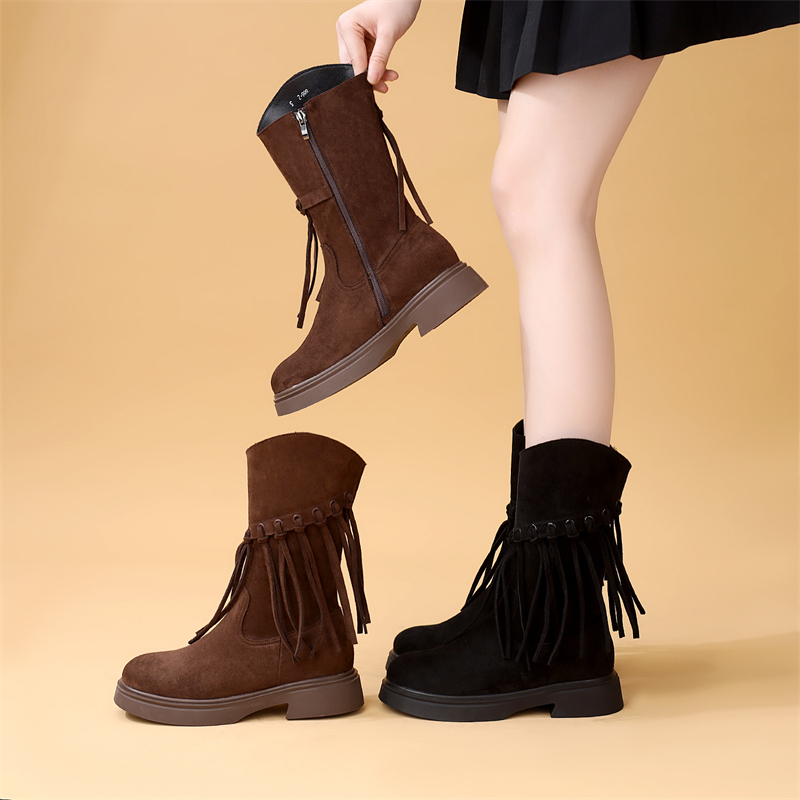 复古流苏骑士靴女2025秋冬新款磨砂皮绒面百搭英伦风厚底中筒长靴
