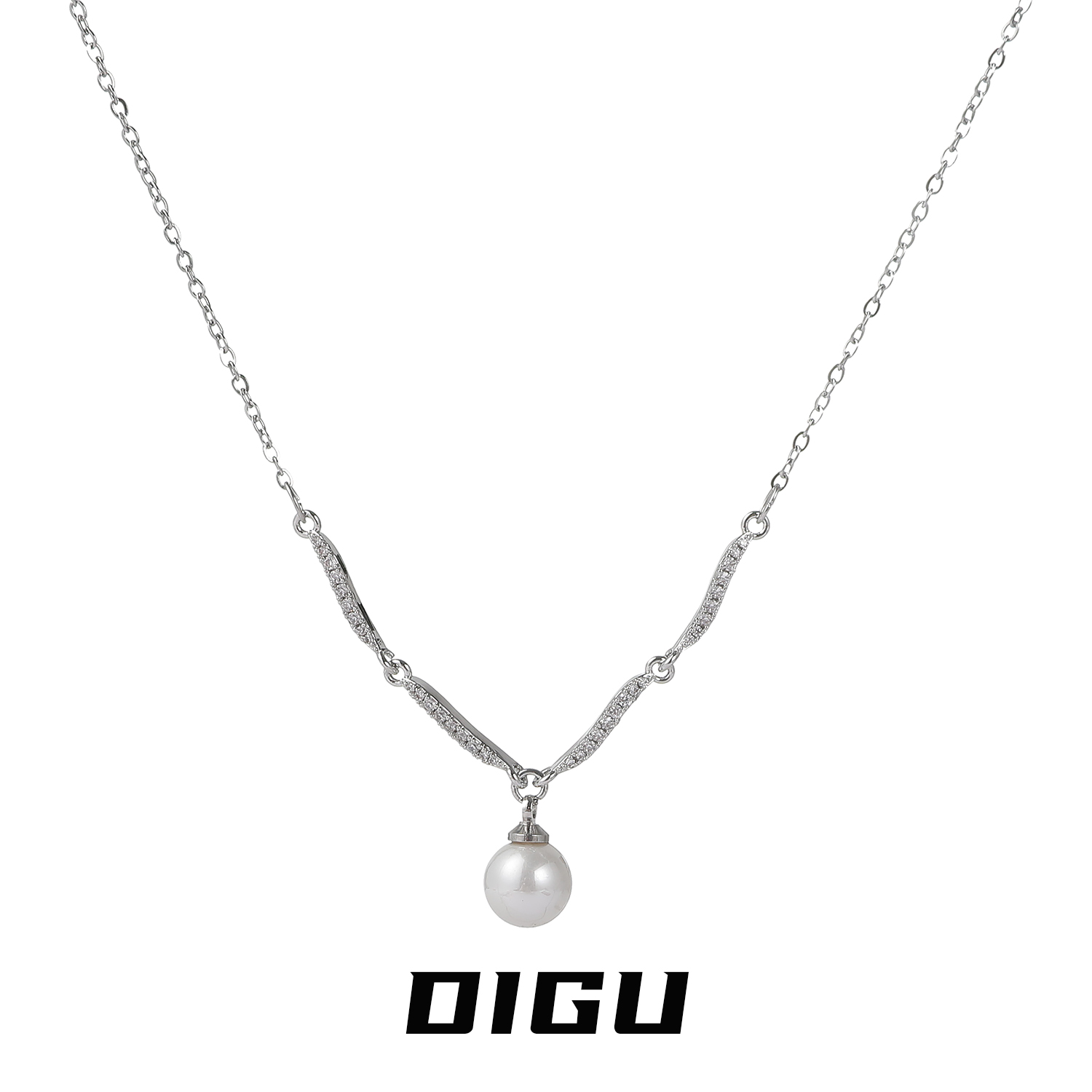 嘀咕家 铜合金项链 简约镶钻波浪珍珠吊坠项链法式短款锁骨链颈链