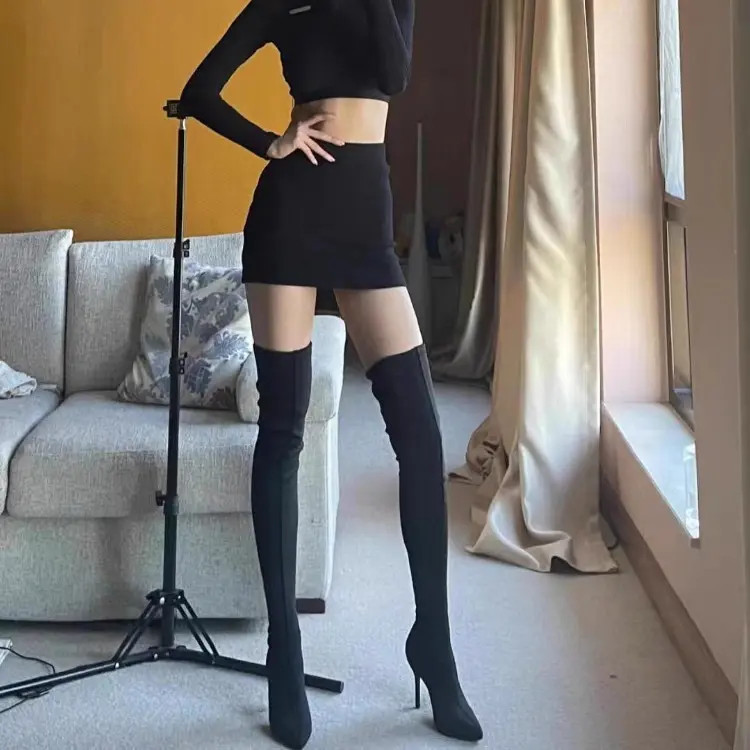 绒面性感显瘦过膝长靴女2025秋冬新款袜靴长筒粗跟尖头弹力瘦瘦靴