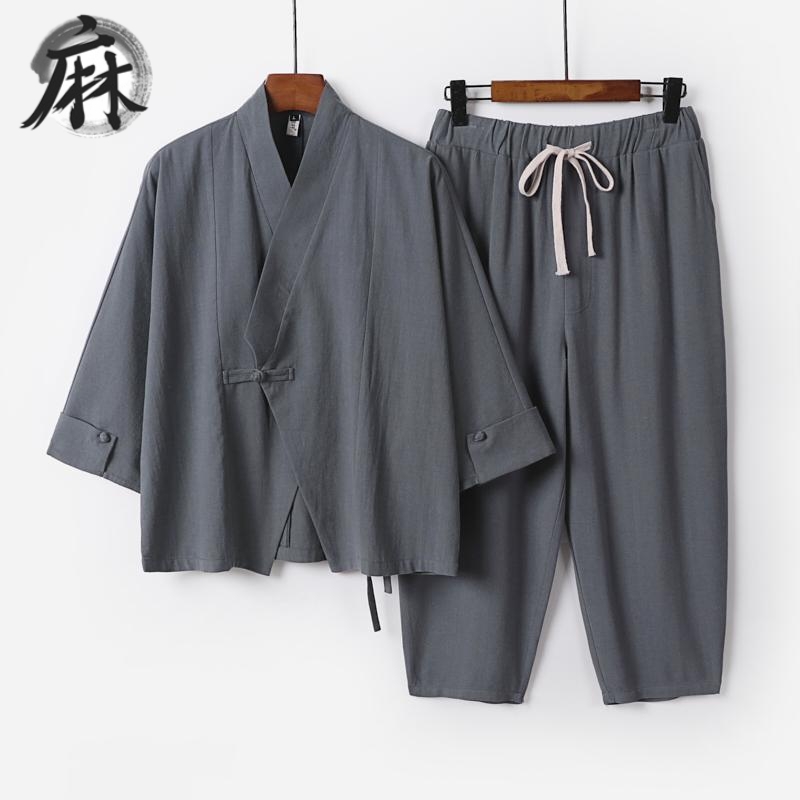 夏季中国风禅服棉麻套装男短袖七分裤两件套佛系禅意加肥加大开衫