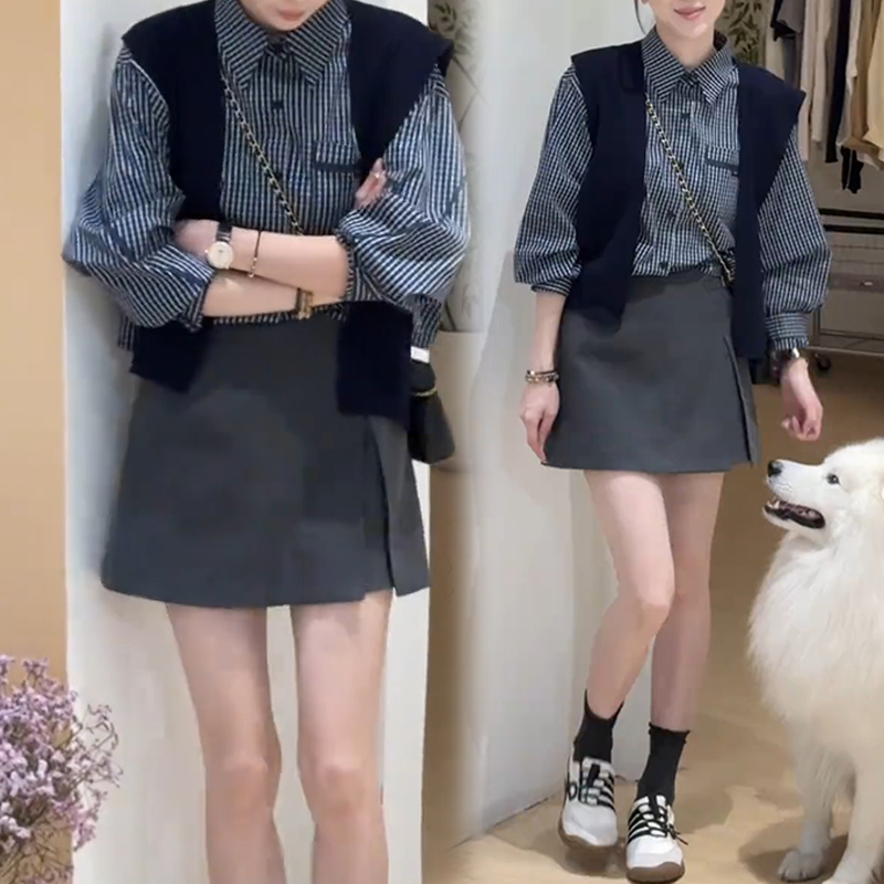 韩系学院风减龄套装女2025春秋新款格子长袖衬衫披肩半身裙三件套