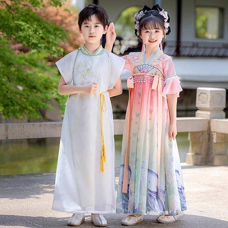 汉服男童2025新款中国风女童唐装夏季短袖国学古风儿童古装演出服