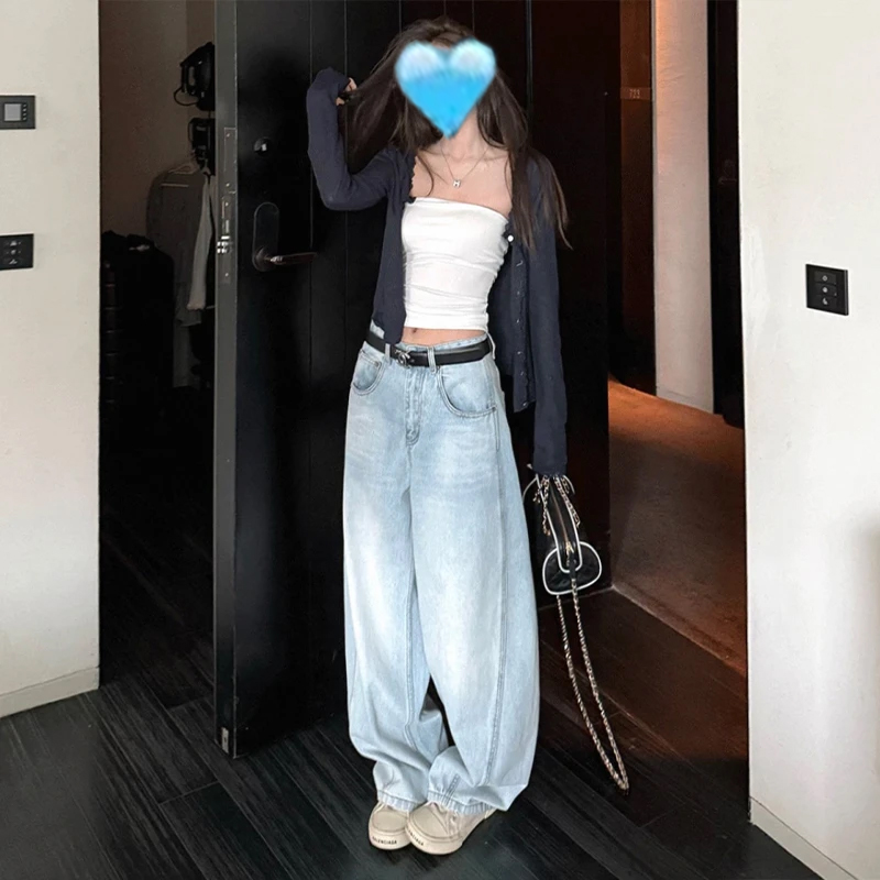 水洗浅蓝弯刀牛仔裤女2025年秋季新款宽松显瘦拖地百搭慵懒阔腿裤