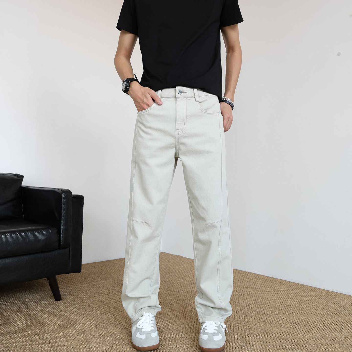 2025秋季新款美式拼接宽松直筒牛仔裤男款水洗米白色弹力百搭长裤