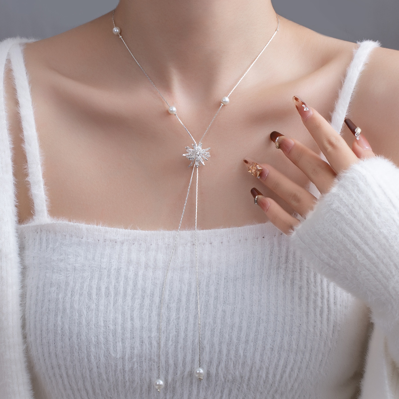 铜合金仿珍珠项链 烟花轻奢流苏毛衣链气质秋冬小众可抽拉首饰品