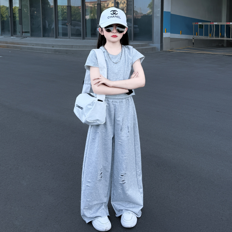 女童夏装套装2025新款儿童休闲洋气潮中大童短袖T恤阔腿裤两件套