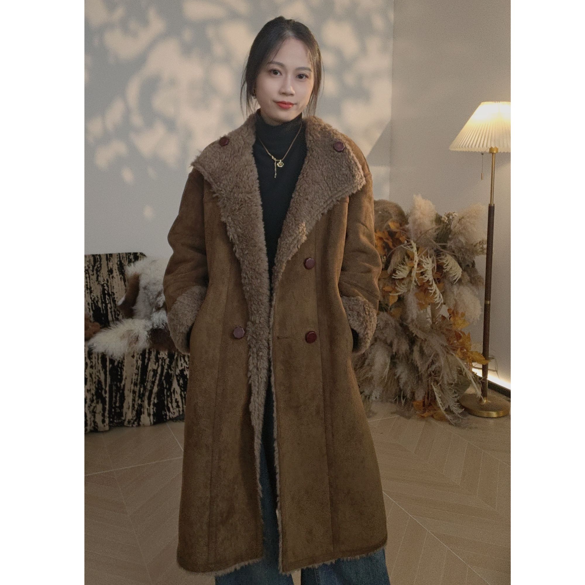 宽松型慵懒休闲风长款中长款秋冬气质双面穿羊剪绒外套