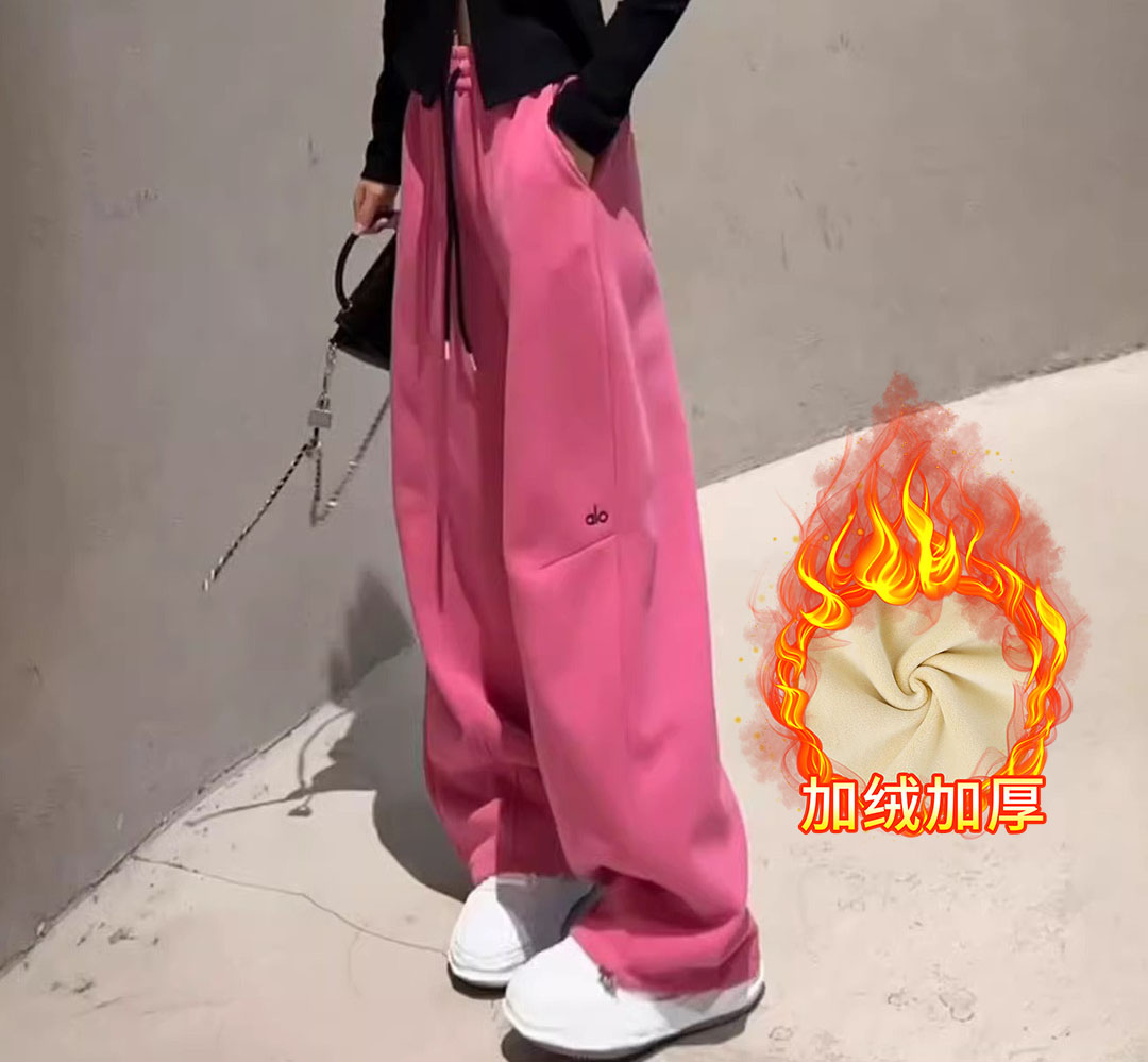 2025冬季新款加绒加厚宽松显瘦设计感阔腿裤女字母刺绣运动直筒裤