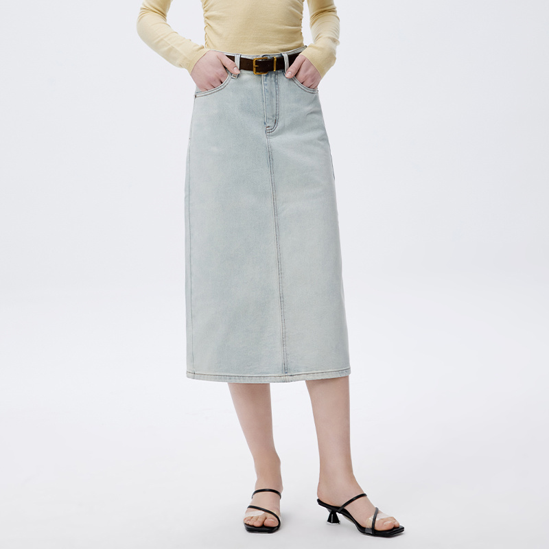 NABOTH春夏季百搭显高显瘦高腰开叉浅蓝色牛仔半身裙2025裙子半裙