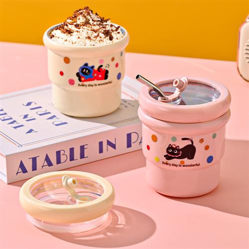 马克杯不锈钢多巴胺咖啡杯办公室带盖喝水杯泡茶杯吸管大容量