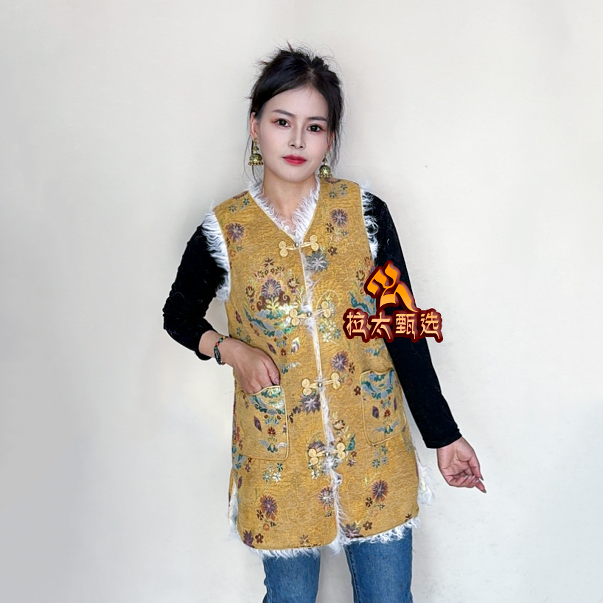 冬季藏装长款马甲羊羔毛边居家休闲藏服棉衣加绒厚款拉萨服厚马夹