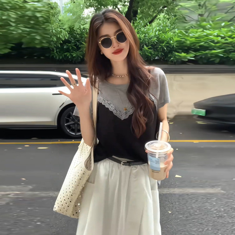 气质短袖t恤女士2025新款韩版圆领宽松显瘦设计感假两件拼接上衣