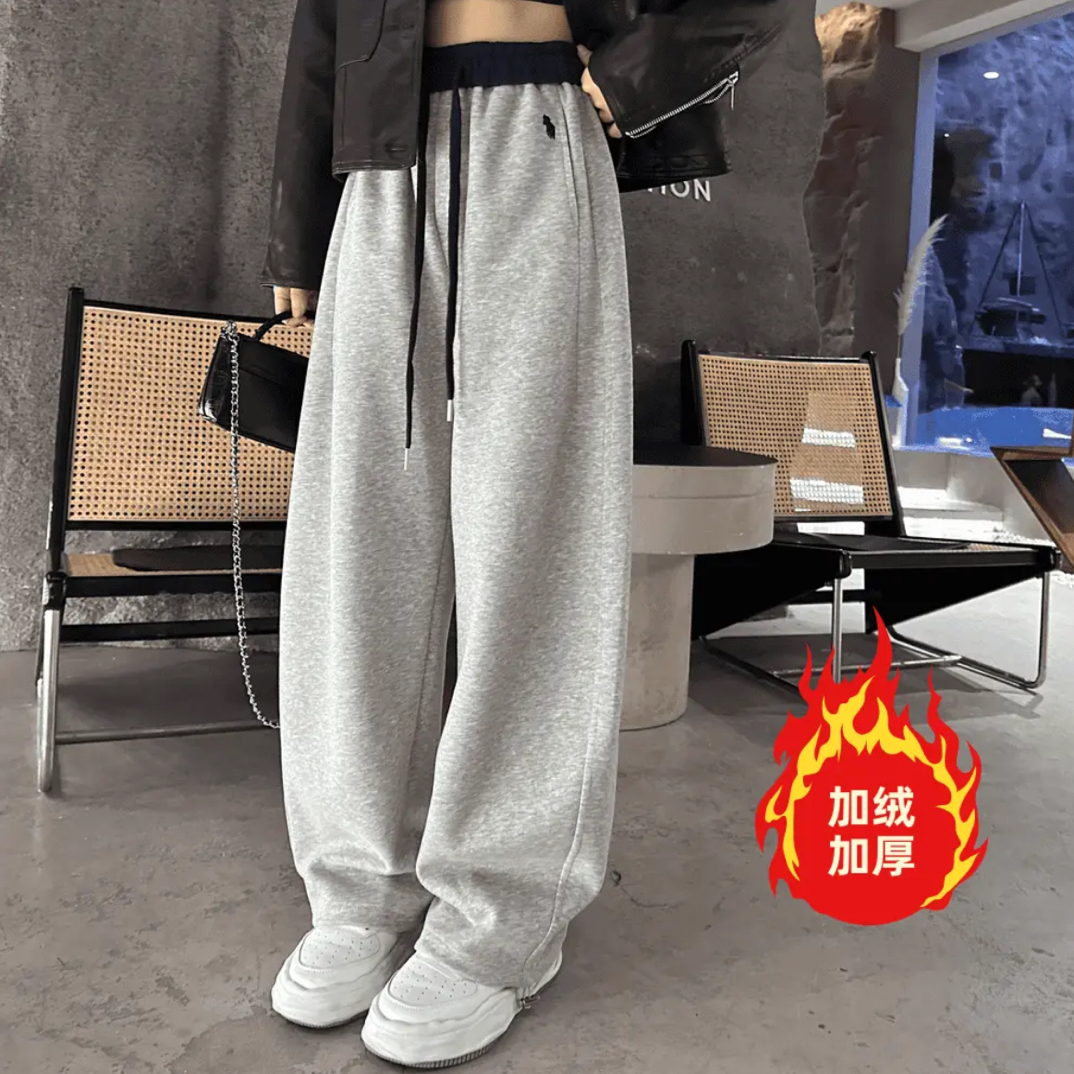 加绒刺绣小马拼色韩版女秋冬款弯刀裤加厚休闲卫裤显瘦阔腿裤