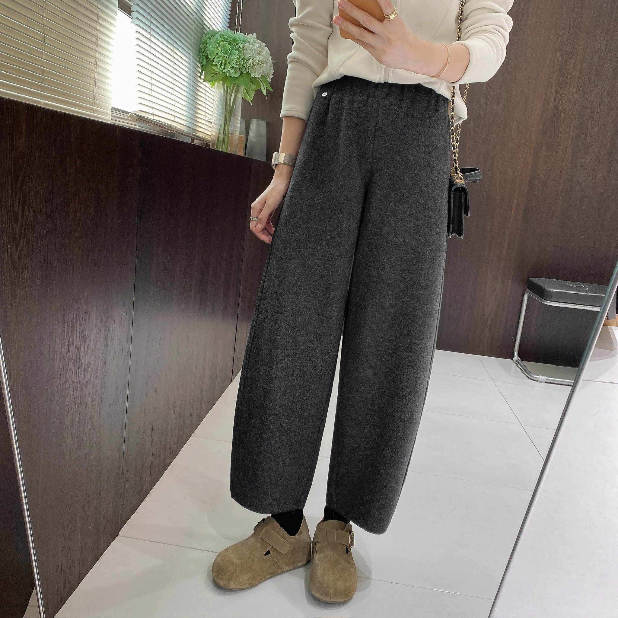 IMFLY金小金自制女装 加绒休闲裤DYK2899冬季韩版时尚廓形毛呢裤