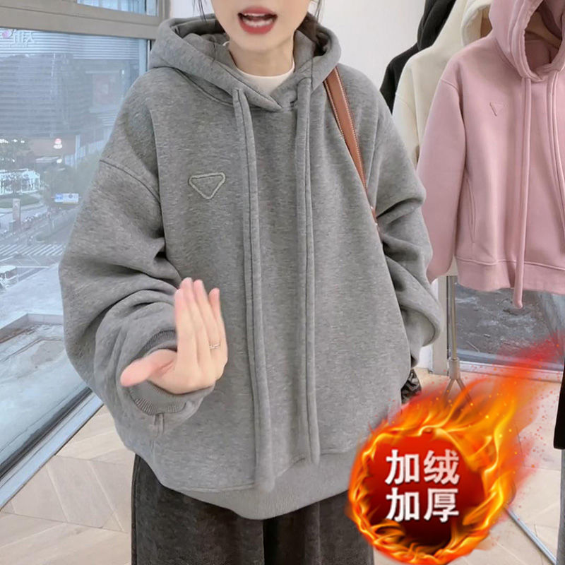 港风慵懒加绒连帽卫衣女2025春秋新款宽松时尚潮牌休闲百搭上衣服