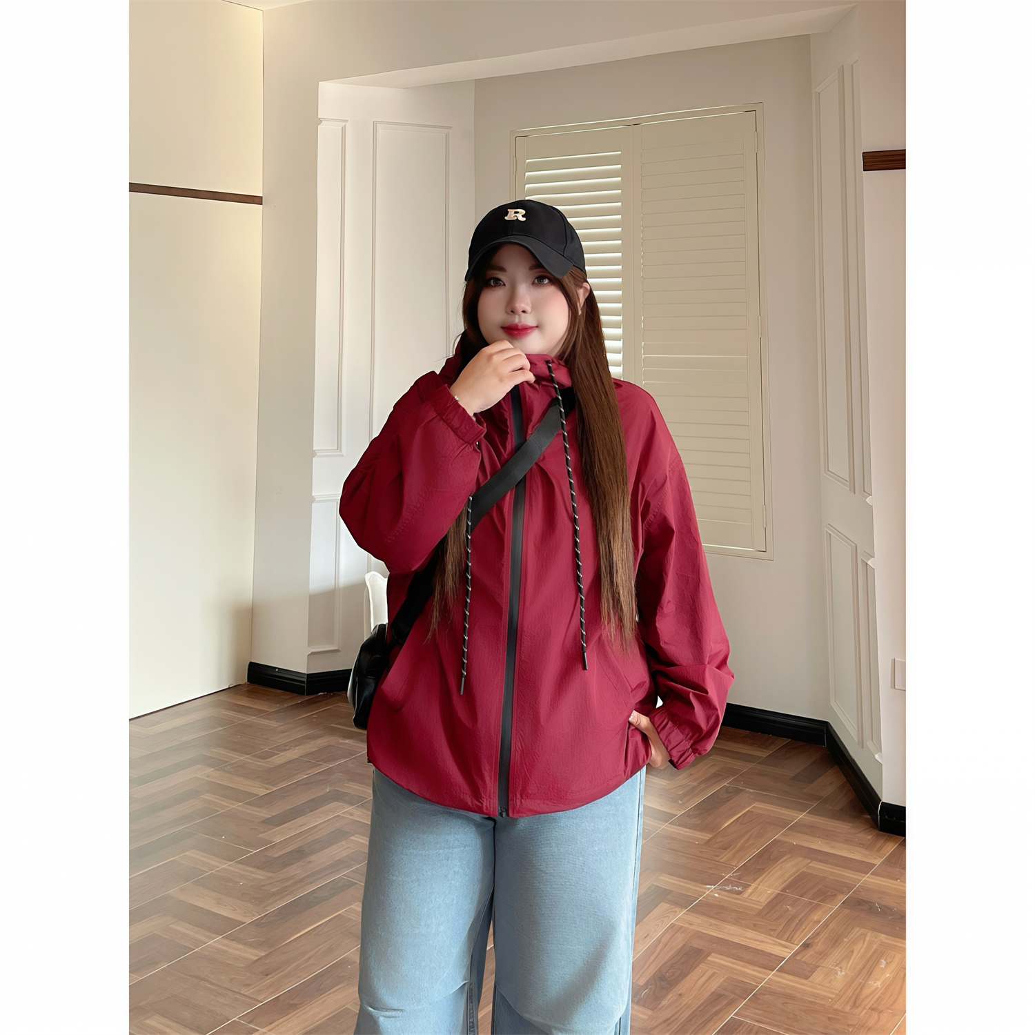 大码女装秋季简约花契200斤胖mm韩风帅气抽绳连帽冲锋衣15447-D