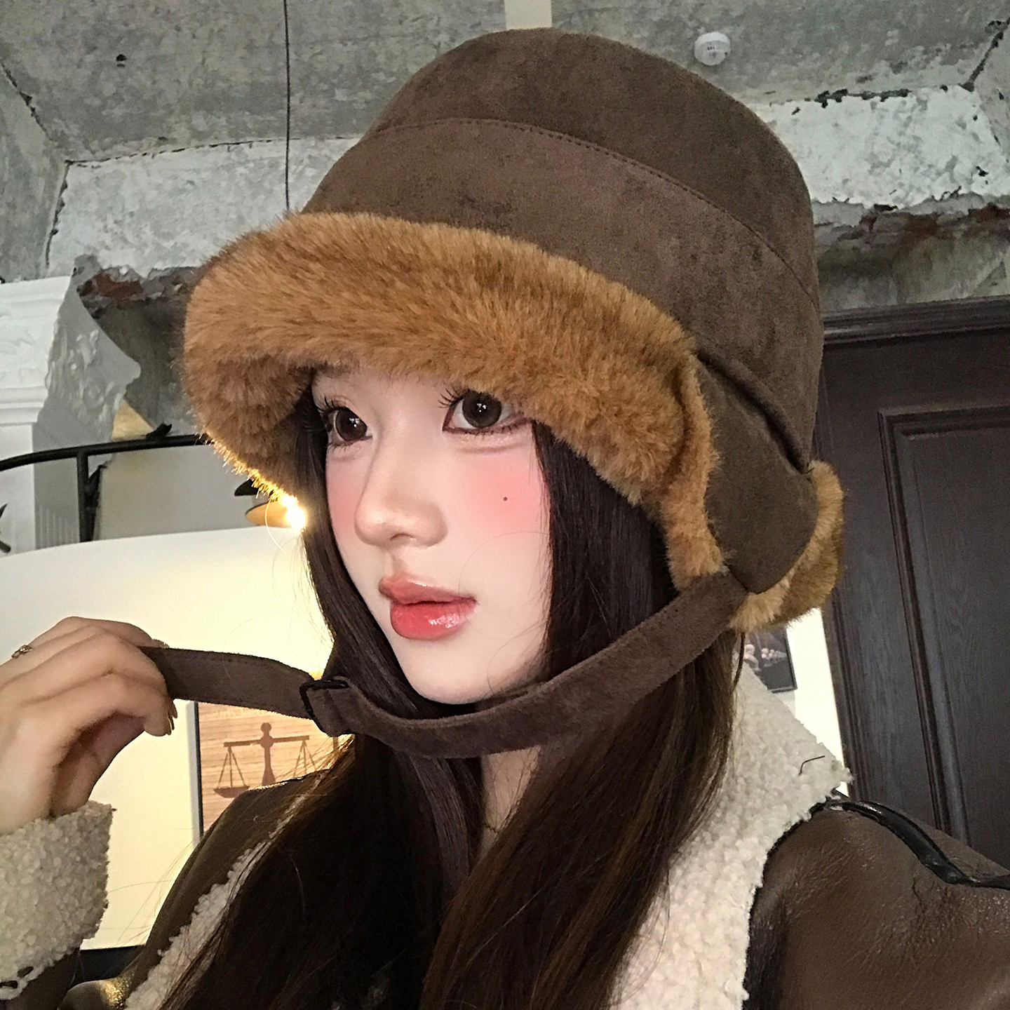 麂皮绒咖色毛绒护耳渔夫帽女冬季东北防寒蒙古帽保暖加厚雷锋帽子