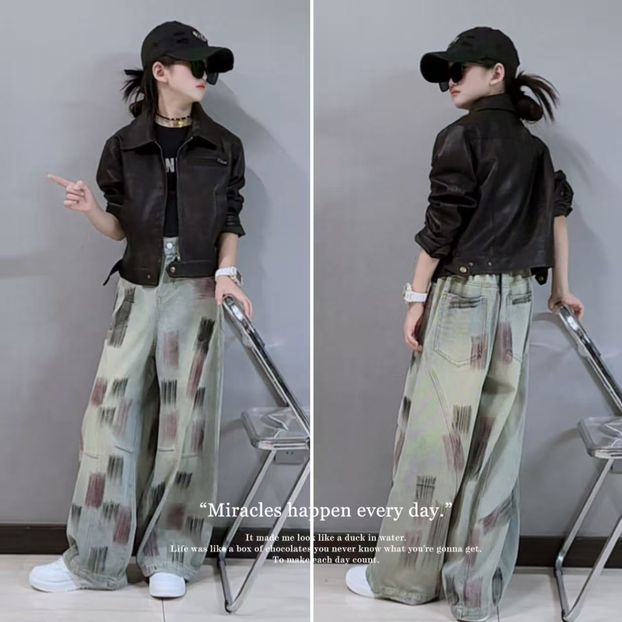 女童复古pu皮衣夹克机车服短外套牛仔裤秋套装酷飒潮穿搭