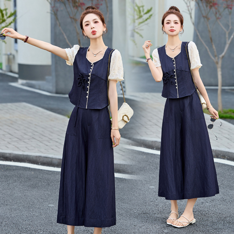 法式气质撞色拼接套装女2025夏季新款高级感修身显瘦阔腿裤两件套