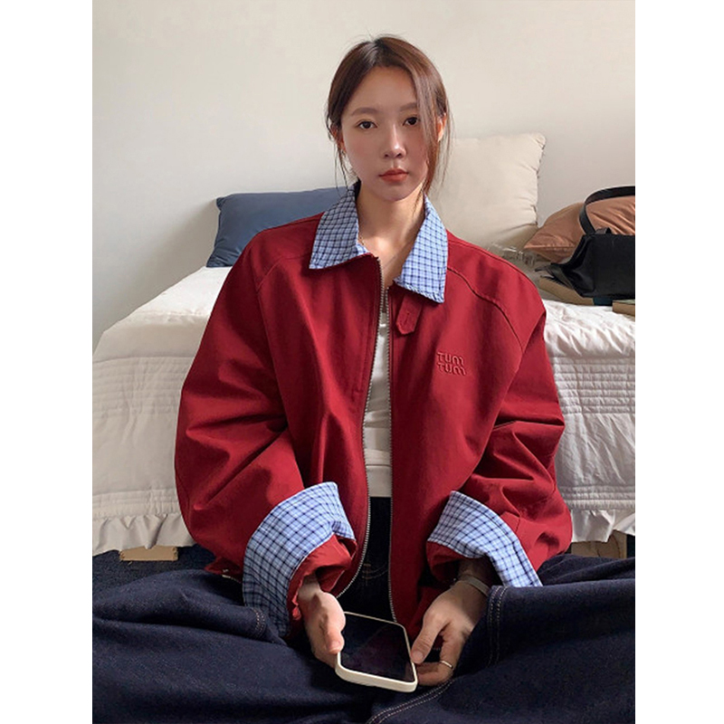 红色哈灵顿夹克男女款秋季格子拼接短款拉链外套老钱风miu系穿搭