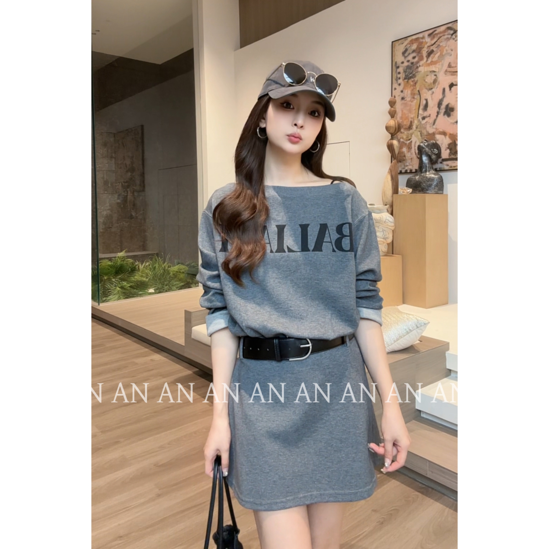 C08226韩系气质休闲日常通勤长袖一字肩字母T裙连衣裙