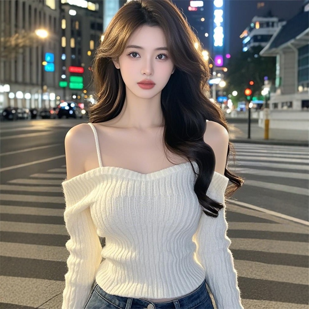 白色露肩针织上衣洋气衣服女秋季纯欲辣妹设计感气质一字领毛衣