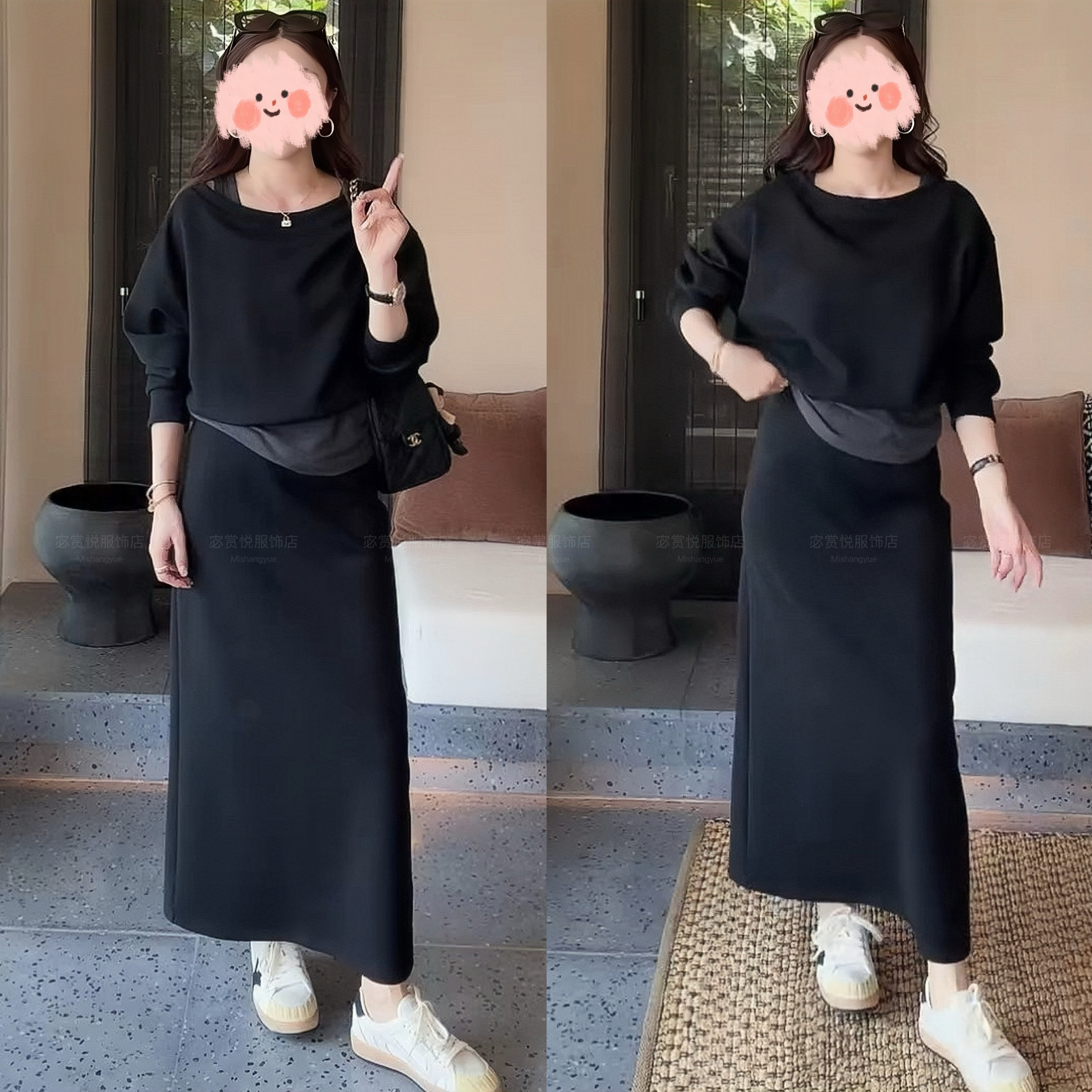 2025秋冬新款轻奢松弛感时尚百搭假两件卫衣舒适气质显瘦半裙套装