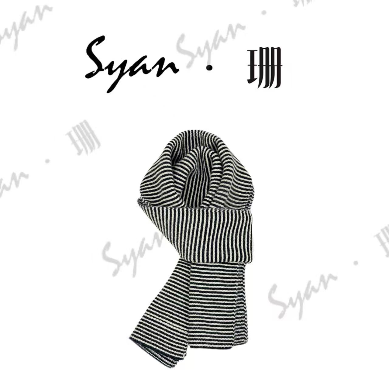 Syan【年糕】绵羊毛新款时尚洋气百搭设计师条纹保暖女士围巾