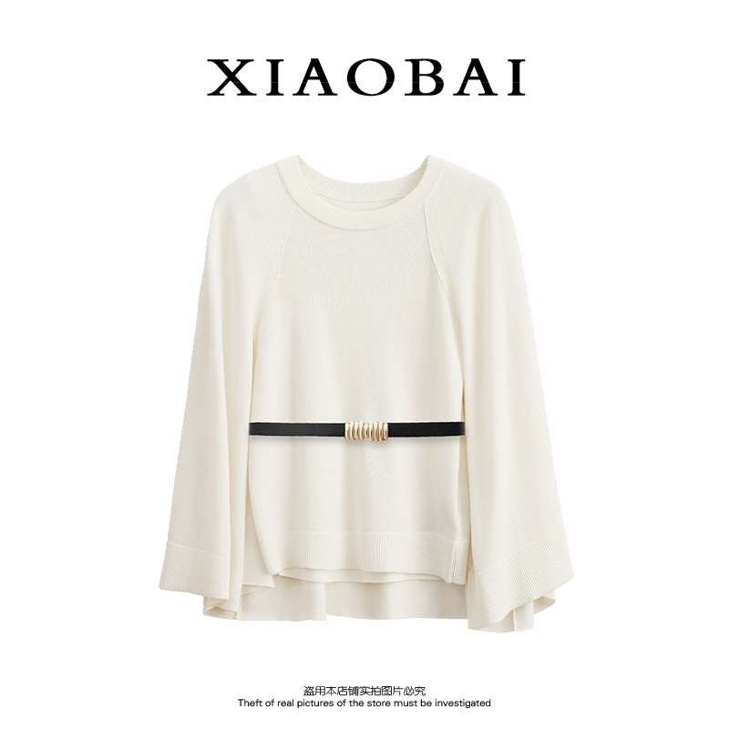 XIAOBAI 双色蝙蝠袖早秋气质针织衫套头修身斗篷长袖时尚出游上衣