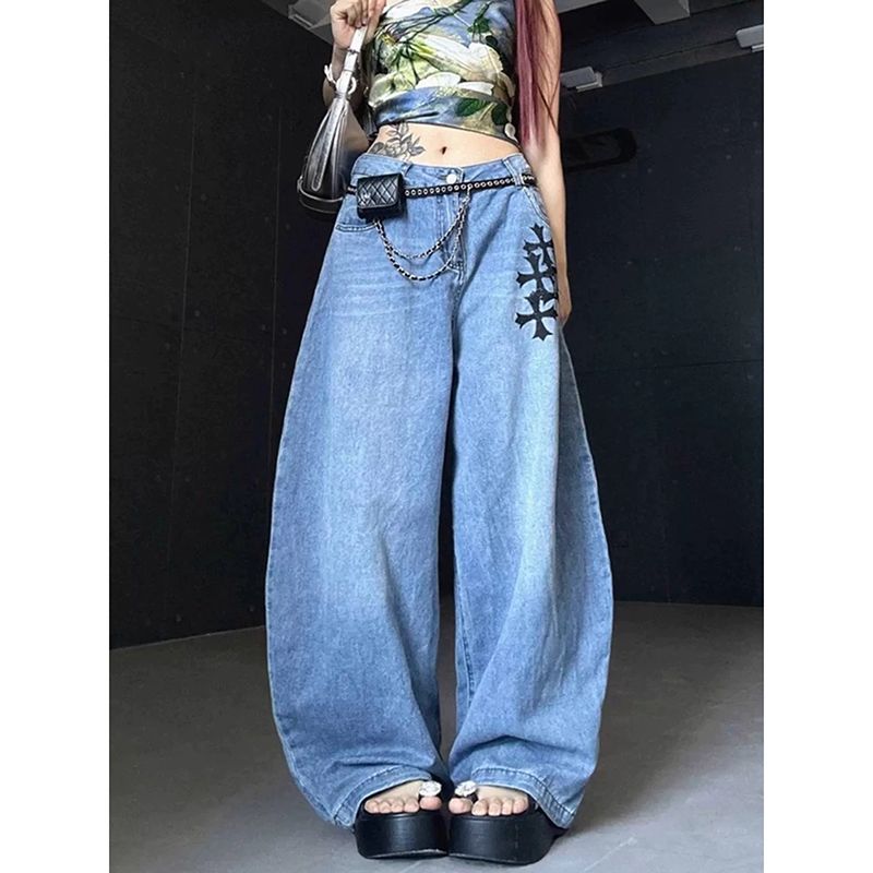 街舞潮牌蓝色哥特重工嘻哈牛仔长裤女秋季美式辣妹甜酷复古休闲裤