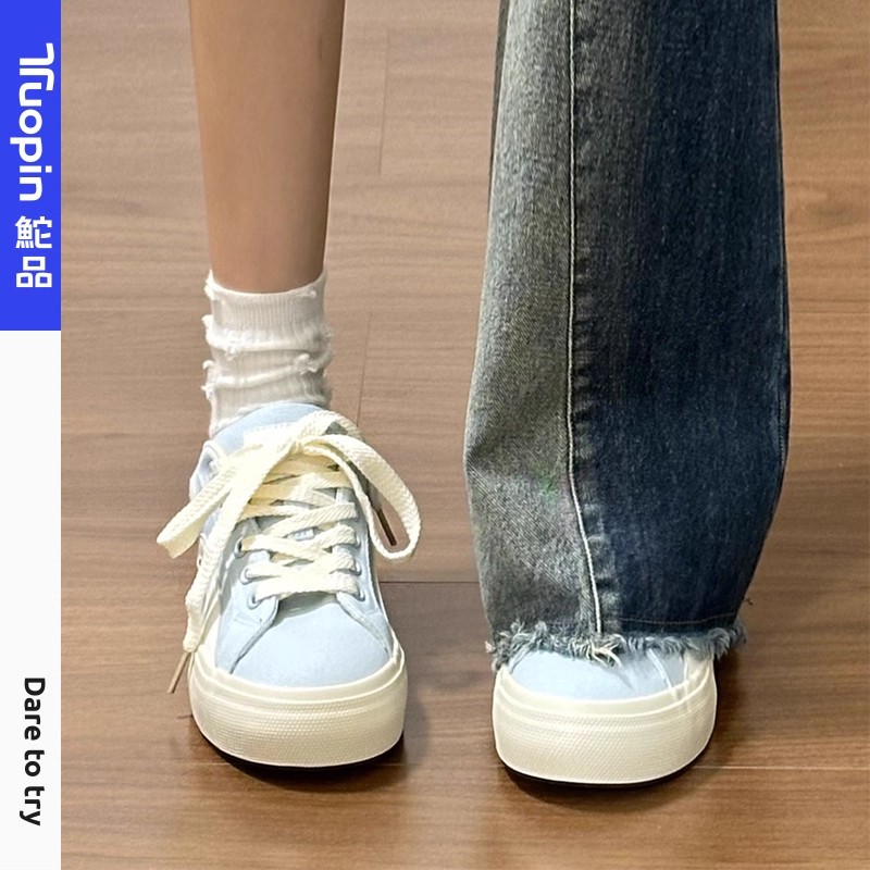 鮀品蓝色板鞋女2025秋季新款帆布鞋厚底小白鞋休闲鞋子百搭运动鞋