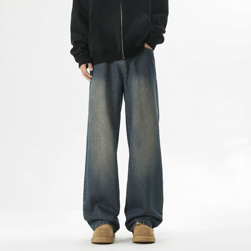 男款直筒宽松美式简约男士加绒加厚牛仔裤情侣阔腿高街长裤ins潮