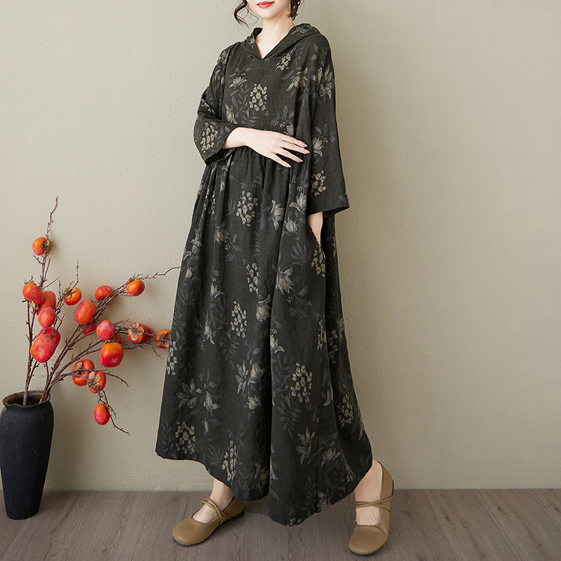 法式显瘦气质棉麻连帽印花大码宽松长裙女2025夏季遮肚减龄连衣裙