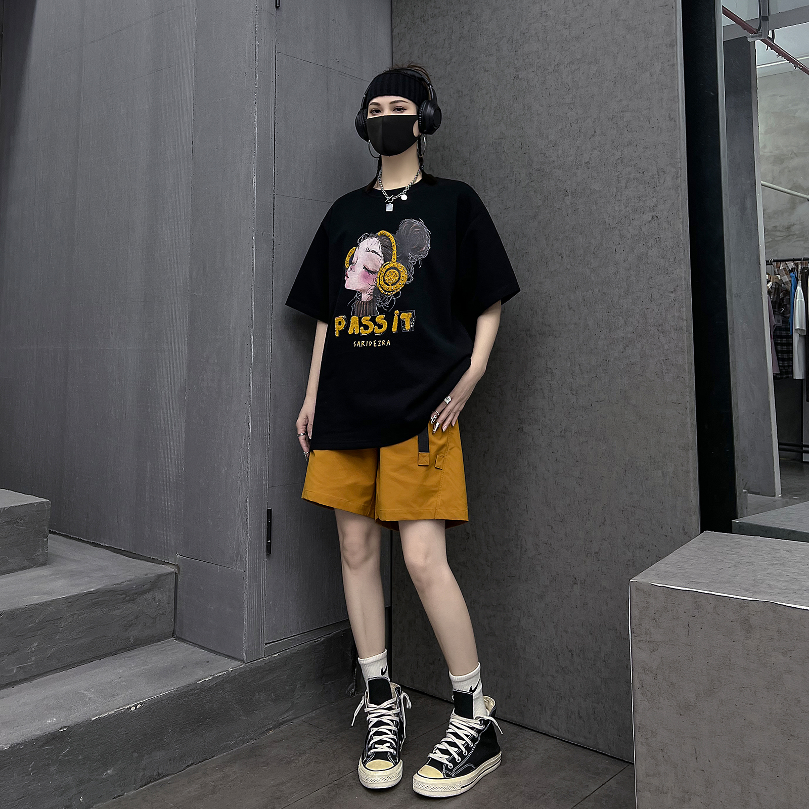 多福猫潮牌酷女孩穿搭时尚套装夏季新款炸街短袖T恤五分裤两件套